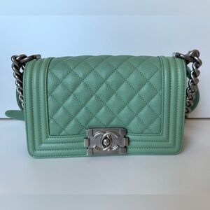 CHANEL Boy Small Mint Quilted Bag with Silver Chain